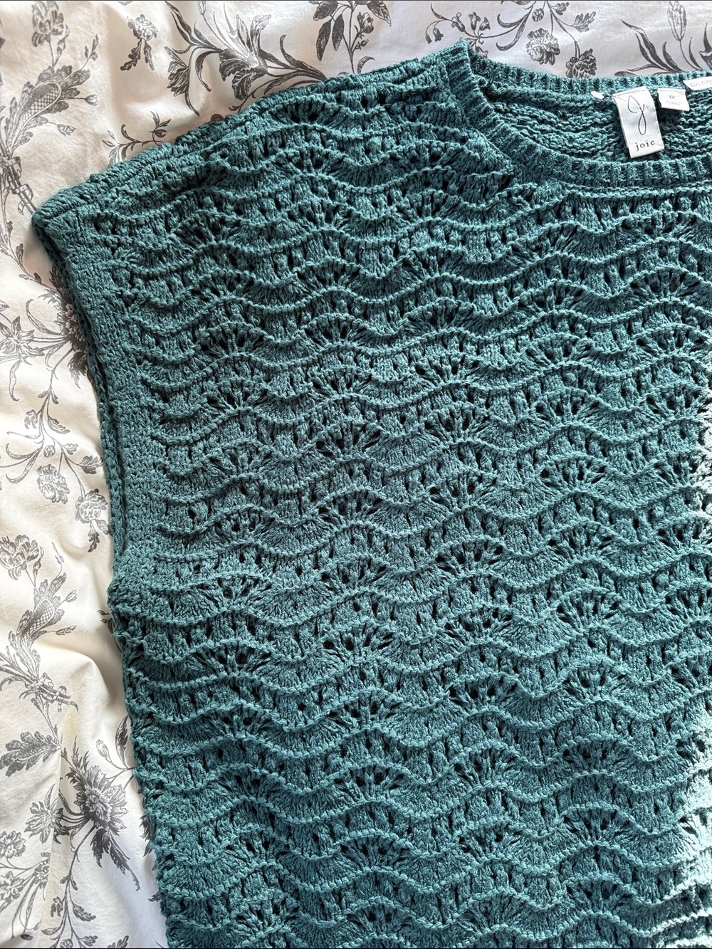 Joie Teal Openwork Crochet Crewneck Sweater